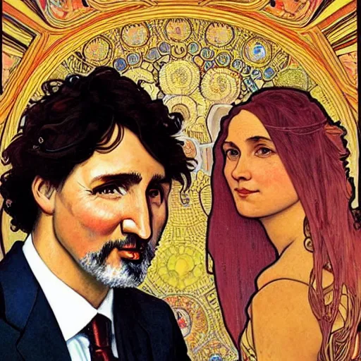 Image similar to detailed art Justin Trudeau, by Alphonse Mucha and Gustav Klimt