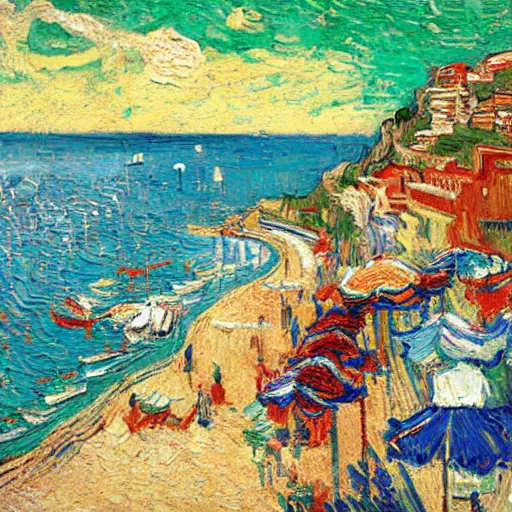 Image similar to rich and indulgent oil paint impasto reliefs, positano beach scene, an artwork by charles w. bartlett and jackson pollack and colin campbell cooper and very slight influence of van gogh