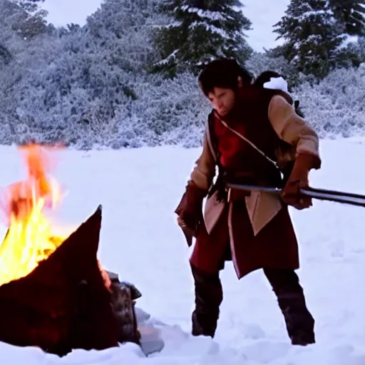 Image similar to a movie still from final fantasy live action, a traveler alone by the campfire in the snow
