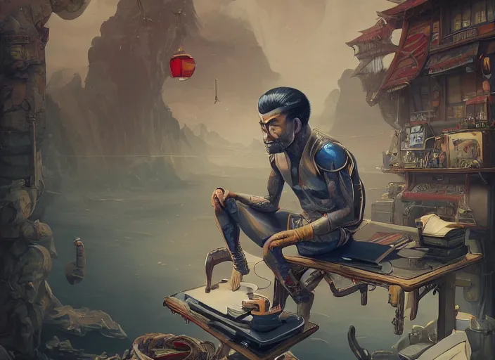 Image similar to an insanely detailed painting of an asian man wearing a homemade superhero costume, sitting at a desk, staring seriously at the computer and typing, in the style of peter mohrbacher, james jean, artgerm, dramatic lighting and composition, surreal background, octane render, pixar, trending on artstation, concept art, comic book, view from behind, 8 k