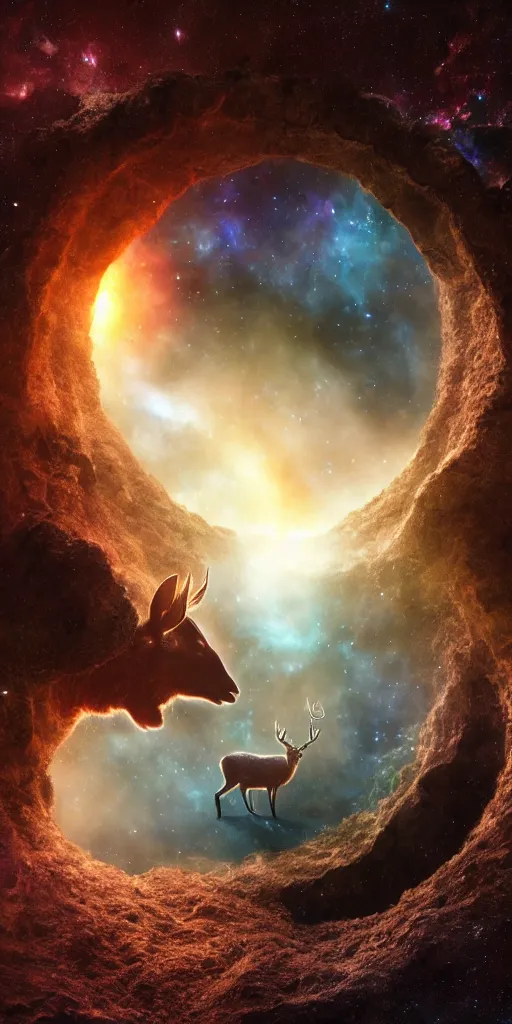 Image similar to an extreme long shot of a deer peering into a giant portal into the universe and galaxies in the shape of a keyhole to the nebulae and galaxies, beautiful matte painting by weta workshop 4 k, cinematic dramatic atmosphere, dramatic lighting, trending on artstation