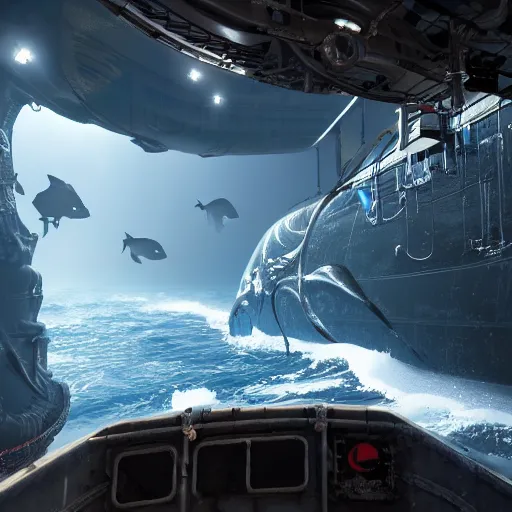 Image similar to Barotrauma submarine, unreal engine 5 + 4k + Ultrarealistic photograph, epic composition, Deep ocean