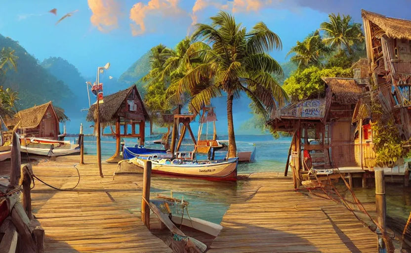 Image similar to a little fisher village on a tropical island, wood pier and houses, nets and boats, scenic view, sunset, matte painting by marc simonetti and rhads and donato giancola, trending on artstation