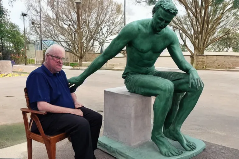 Image similar to a man who is sitting upright in a chair is touching a completed statue