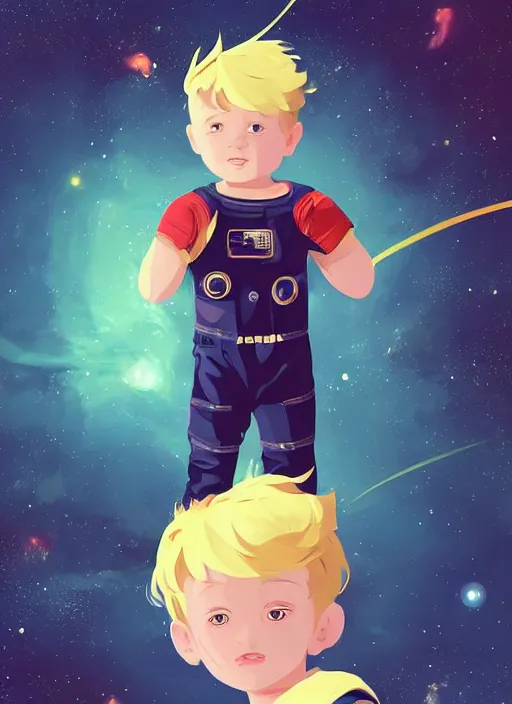 Image similar to little boy with short blonde hair. he is floating in space. he is wearing a space suit. background is a nebula. clean cel shaded vector art. shutterstock. behance hd by lois van baarle, artgerm, helen huang, by makoto shinkai and ilya kuvshinov, rossdraws, illustration, art by ilya kuvshinov