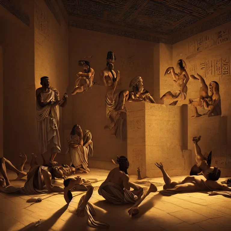 Image similar to a Hip Hop party in ancient egyptian, dreamlike atmosphere, symmetrical baroque painting, perfect composition, beautiful detailed intricate high detailed octane trending on Artstation, 8K fine art photography, photorealistic, soft natural volumetric cinematic perfect light , chiaroscuro, award- winning photography, masterpiece, Raphael, Caravaggio, Greg Rutkowski, Beeple