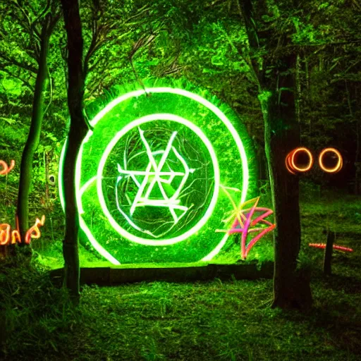 Image similar to a stargate made of neons and glowing runes in the middle of a green forest with a beam of light