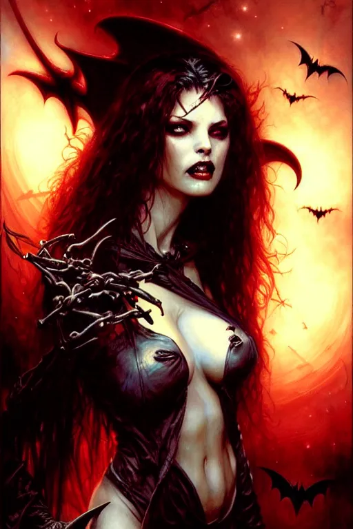 Image similar to evil female vampire, highly detailed, realistic style. night sky with bats. by raymond swanland, gaston bussiere, simon bisley