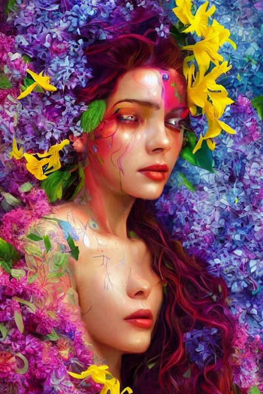 Prompt: a colorful and vibrant and provenance fine art portrait photo of a robot female cyborg, spread out curly hair covered by hibiscus, daffodils, hydrangea, montsera leaves by charlie bowater, holographic undertones, very detailed, bionic, cybernetic scifi, artstation, 8 k