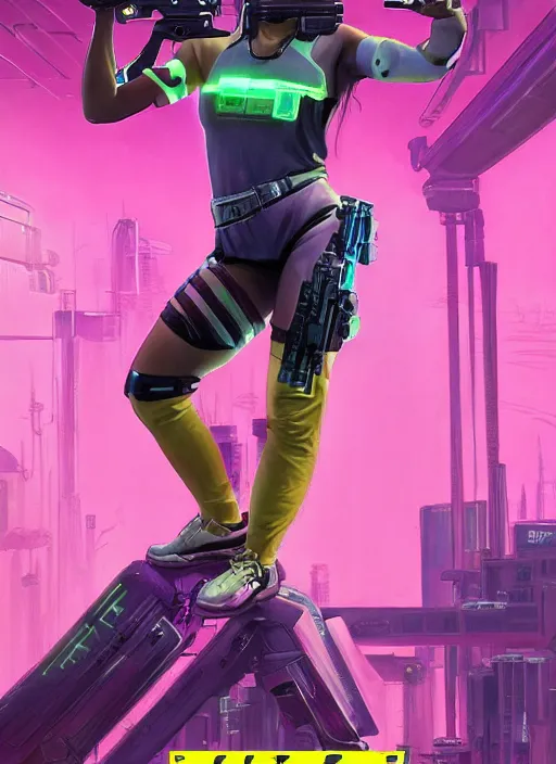 Image similar to beautiful cyberpunk female athlete wearing pink jumpsuit and firing a futuristic yellow belt fed automatic pistol. ad poster for pistol. cyberpunk poster by james gurney, azamat khairov, and alphonso mucha. artstationhq. gorgeous face. painting with vivid color, cell shading. ( rb 6 s, cyberpunk 2 0 7 7 )