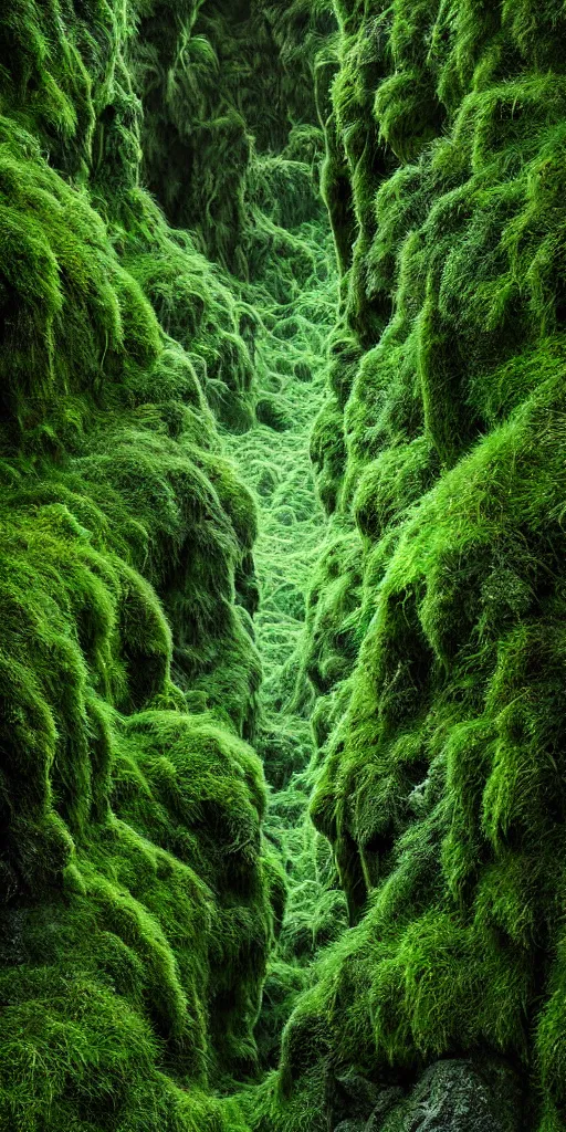 Image similar to dream looking through, a hyper realistic photograph fertile, lush mossy ferns canyon, ferns, minimalist structure, misty, raining, icelandic valley, in the style of reuben wu, roger deakins