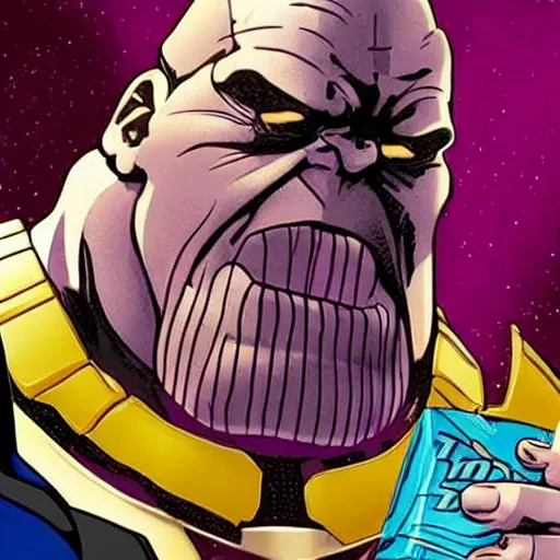 Image similar to Thanos breaks a snickers bar with a sly smile