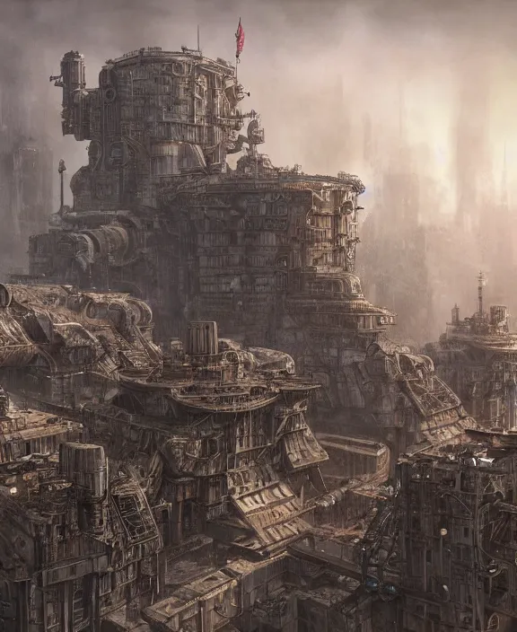 Image similar to a fortified steampunk military base with giant artillery cannons, by HR Giger and Beksiński and Stephan Martiniere , 4k resolution, detailed, trending on artstation