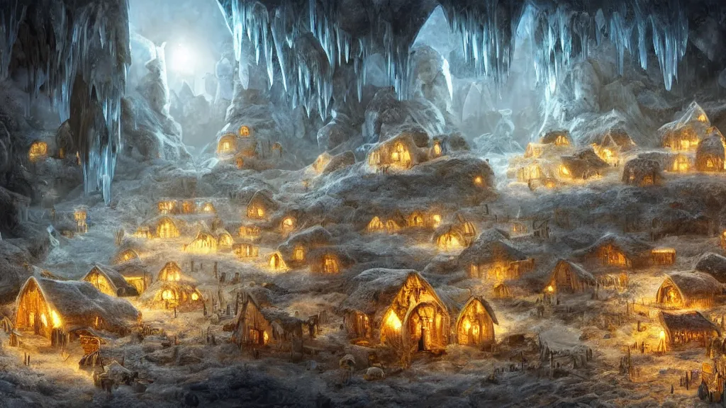 Image similar to an underground village in an ice cave with straw hut houses with a golden cave off to the left, painting, fantasy, dreamy lighting, detailed, intricate, high fantasy, 4 k