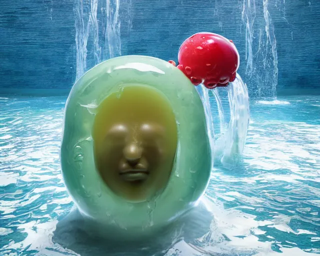 Prompt: a massive sculpture of a squashed human face dripping jelly and in love with a giant jelly donut on the ocean water, cinematic, hyper - realistic, very detailed, realistic water splashes, ray tracing, 8 k resolution, long - shot, sharp focus, low angle, 8 5 mm photograph, wide lens