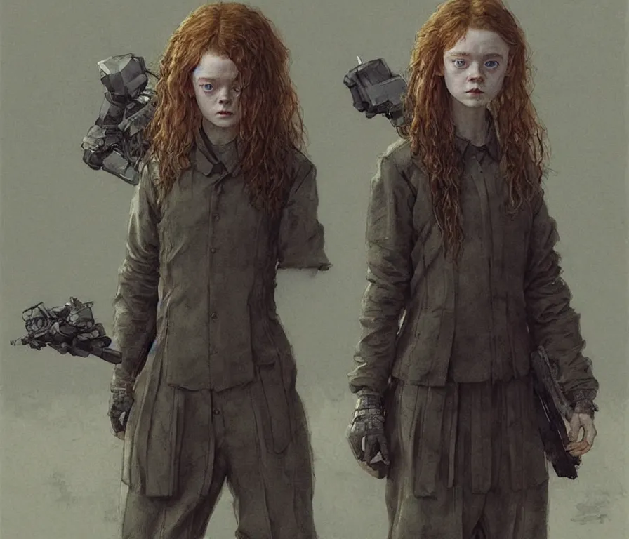 Prompt: sadie sink dressed in oversized school uniform : costume concept for a scifi cyberpunk film. by greg rutkowski, greg staples, elsa beskow, gustave courbet, rosa bonheur. sharp focus, cinematic atmosphere, detailed and intricate, perfect anatomy