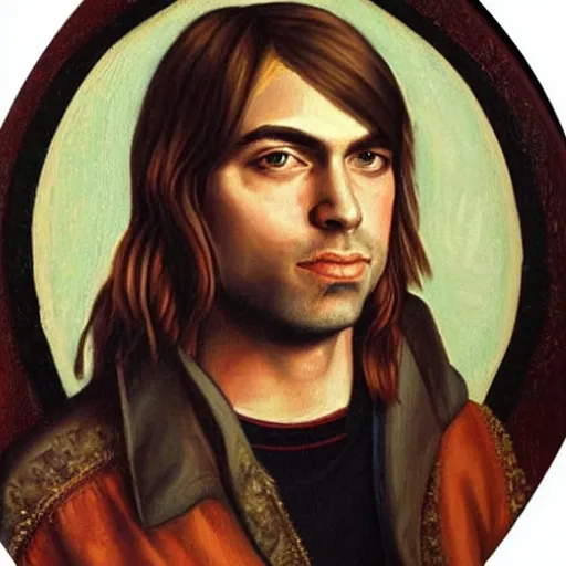 Image similar to a renaissance style portrait painting of Kurt Cobain