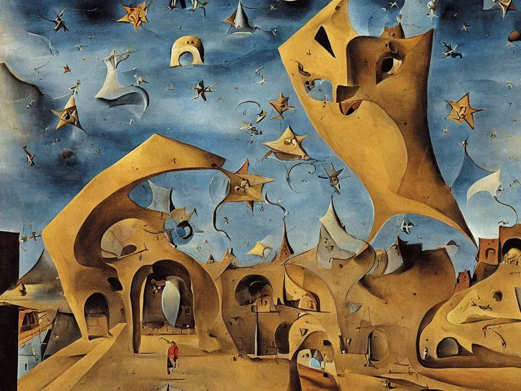 Prompt: feet running away from their master with star shaped building. painting by bosch, salvador dali, moebius