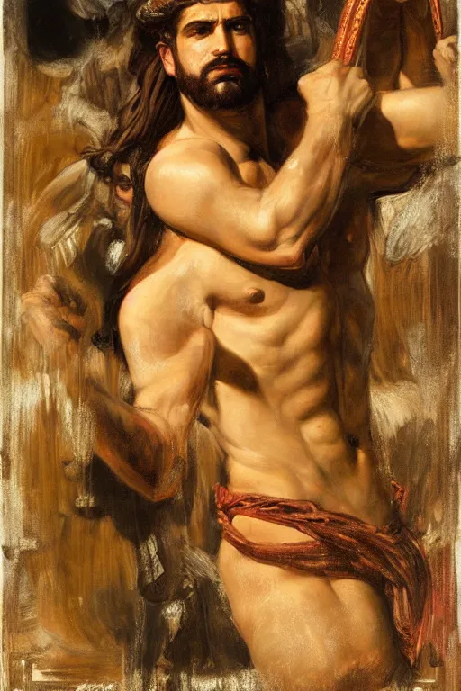 Image similar to hercules, orientalist intricate portrait by john william waterhouse and edwin longsden long and theodore ralli and nasreddine dinet, hyper realism, dramatic lighting