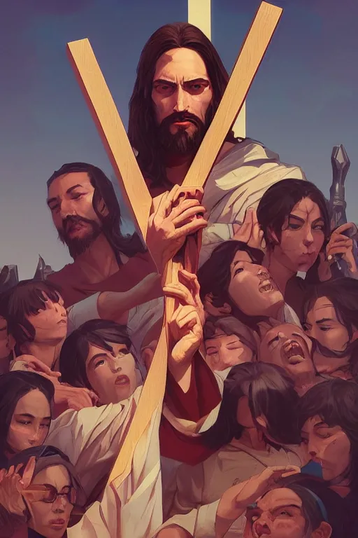 Prompt: jesus on an upside down cross by artgerm, tooth wu, dan mumford, beeple, wlop, rossdraws, james jean, marc simonetti, artstation giuseppe dangelico pino and michael garmash and rob rey and greg manchess and huang guangjian and makoto shinkai