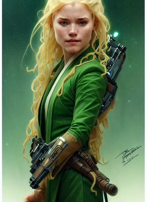 Image similar to a young april with a mischievous face and extremely long blonde wavy hair dressed in a green pale suit, she is a jedi from star wars, intricate detailed face, artgerm, greg rutkowski, alphonse mucha