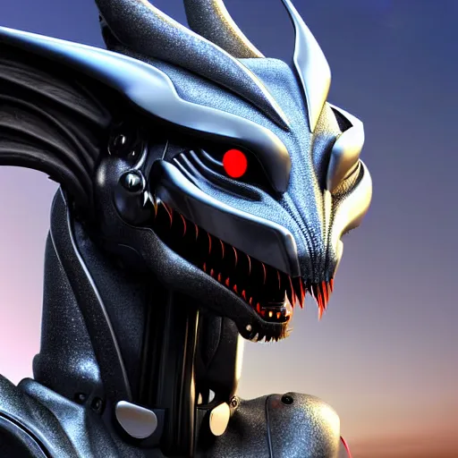 Prompt: close up bust of a cute stunning robot anthropomorphic female dragon, with sleek silver armor, a black OLED visor over the eyes, looking at the camera, her dragon maw open in front of the camera, camera looking down into the detailed living maw, about to consume you, on the beach at sunset, highly detailed digital art, furry art, anthro art, sci fi, warframe art, destiny art, high quality, 3D realistic, mawshot, dragon art, Furaffinity, Deviantart