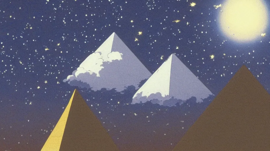 Image similar to a movie still from a studio ghibli film showing a floating large white pyramid with a gold capstone, and a ufo on a misty and starry night. by studio ghibli