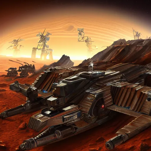 Image similar to mechas in for of mice are invading Mars with laser guns, sharp edges, extreme details, super resolution, stunning, breathtaking, award-winning concept art, extremely dramatic lighting, glowing light and shadow, atmospheric, cinematic, 8K,