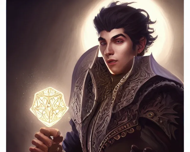 Prompt: a mind - blowing portrait of a young shadow mage male, wearing a vest with diamond pattern, joyful, d & d, fantasy, intricate, elegant, highly detailed, digital painting, artstation, concept art, matte, sharp, illustration, hearthstone, art by artgerm and greg rutkowski and alphonse mucha