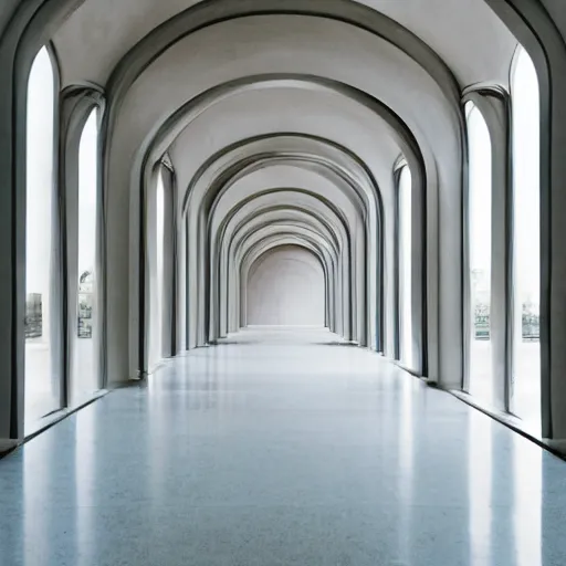 Image similar to photograph of a symmetrical arch hallway, shiny floor, concrete, pastel hues, minimalist, architecture magazine, dezeen, 50mm, pentax, film