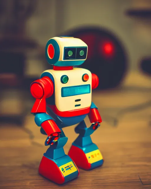 Image similar to high quality presentation photo of a retro toy robot, photography 4k, f1.8 anamorphic, bokeh, 4k, Canon, Nikon