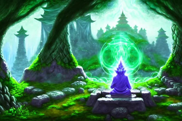 Prompt: a wanderer wearing robes sits in meditation at an ancient shrine. mossy decrepit ruins in a forgotten land. magical leylines emit streaks of various colors of mana streams. a final fantasy concept splash oil painting of a rogue mage absorbing powers from the dungeon depths in an enchanted garden. league of legends splash art