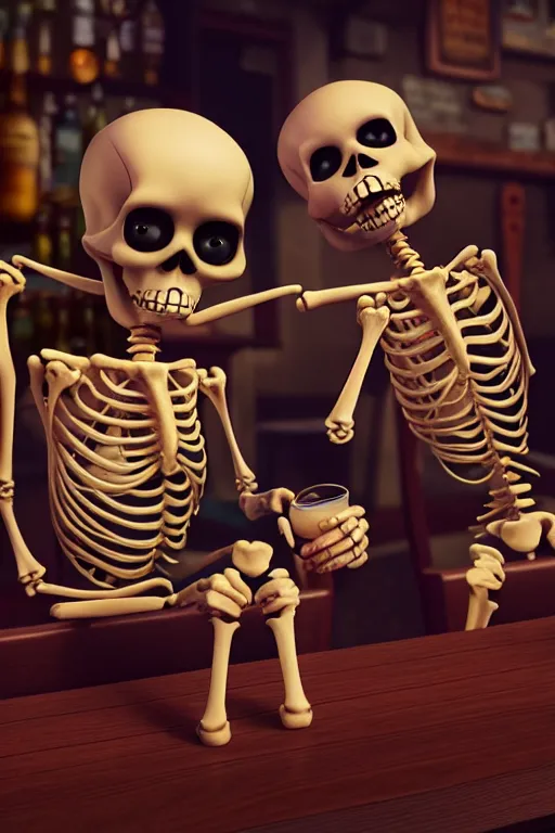 Prompt: two skeletons drink beer in a bar, ultra hd, design by Mark Ryden and Pixar and Hayao Miyazaki, unreal 5, DAZ, hyperrealistic, octane render, dynamic lighting, intricate detail, summer vibrancy, cinematic