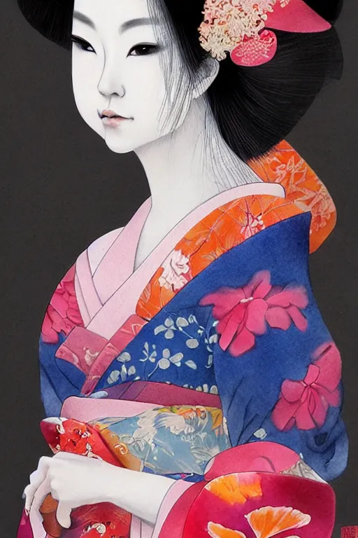 Image similar to beauty geisha, digital art, 8k, character, realistic, portrait, photorealism, japan watercolour, masterpiece art