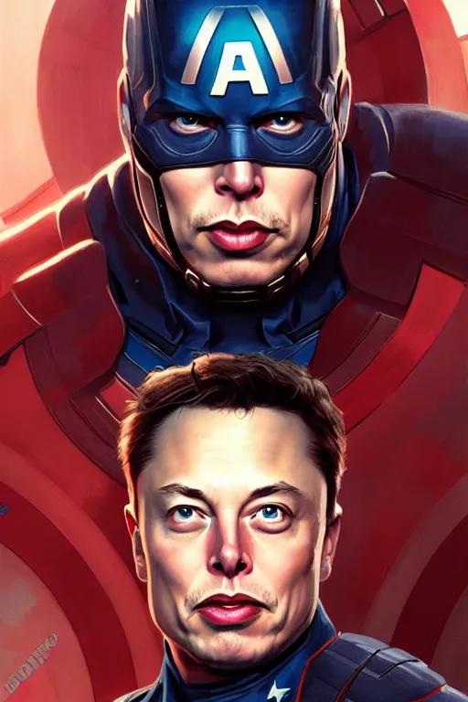 Image similar to elon musk as captain america, portrait, highly detailed, digital painting, artstation, concept art, smooth, sharp focus, illustration, cinematic lighting, art by artgerm and greg rutkowski and alphonse mucha