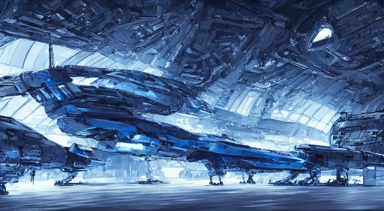 Prompt: digital illustration of a detailed spaceship in a hangar, sci fi, cold blue colors, trending on artstation