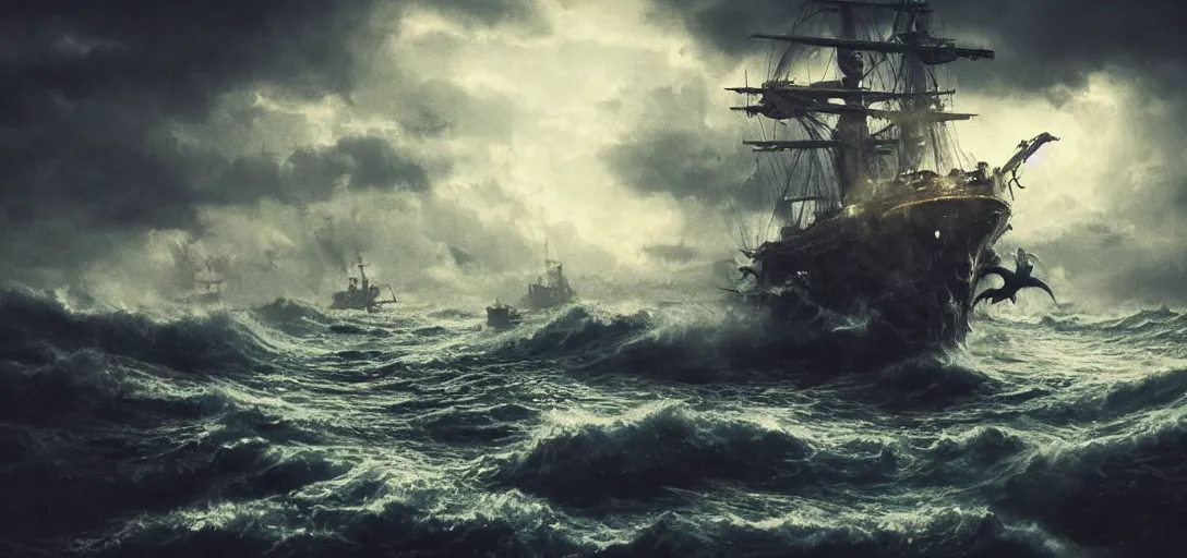 Image similar to wild ocean, ship gets pulled down by giant kraken, rainy night, dramatic lighting, cinematic, establishing shot, extremly high detail, foto realistic, pirates of the carribean, cinematic lighting, post processed, concept art, artstation, matte painting, style by studio ghibli, mysazaki