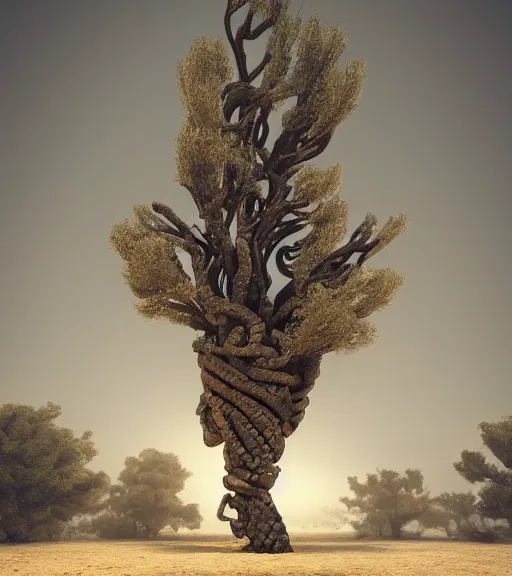 Prompt: surreal theory of a tree made of snakes, futuristic ancient tree in the desert, foggy sky, dark night, octane render, unreal engine, pale colors, high detail, 8 k, wide angle, trending on artstation, behance