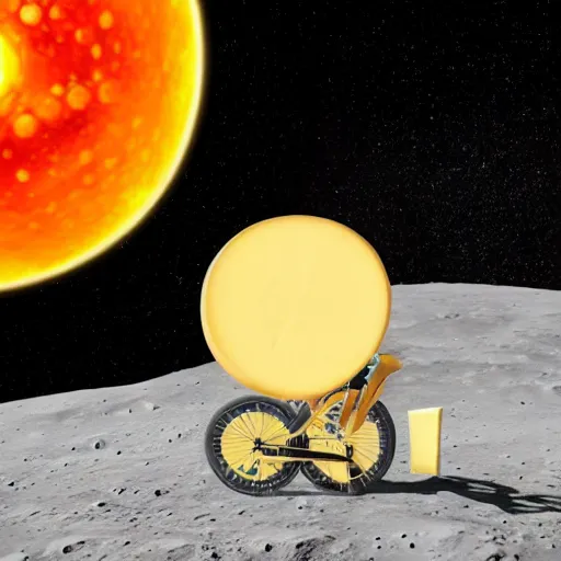 Prompt: a wheel of cheese is cycling on a bike on the moon and cycles away from a large nuclear explosion. photorealistic