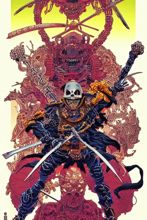 Image similar to poster of crazy skeletor samurai, by yoichi hatakenaka, masamune shirow, josan gonzales and dan mumford, ayami kojima, takato yamamoto, barclay shaw, karol bak, yukito kishiro