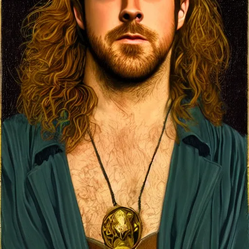 Prompt: Pre-Raphaelite portrait of Ryan Gosling as the leader of a cult 1980s heavy metal band, with very long blond hair and grey eyes, high saturation
