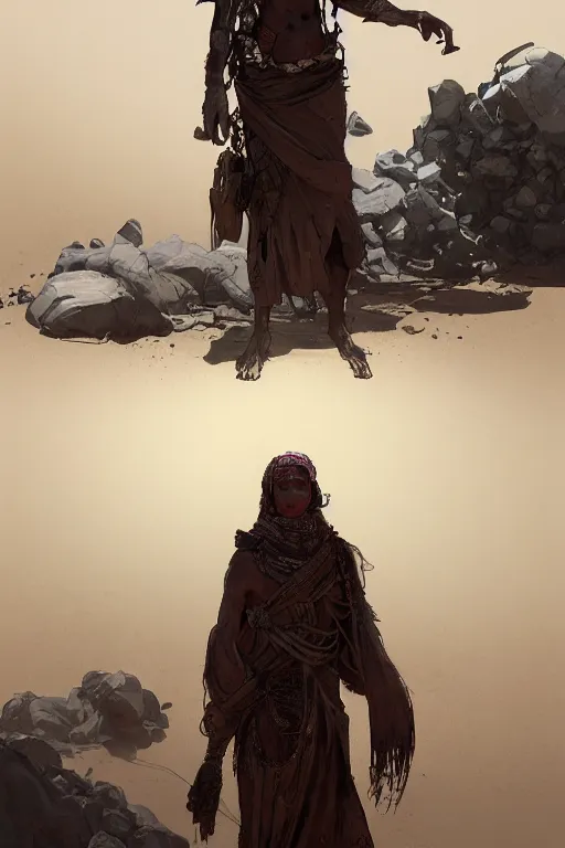 Image similar to a full body portrait of a beautiful post apocalyptic offworld desert bedouin blind barbarian leper by the road, intricate, elegant, highly detailed, digital painting, artstation, concept art, smooth, sharp focus, illustration, art by krenz cushart and artem demura and alphonse mucha