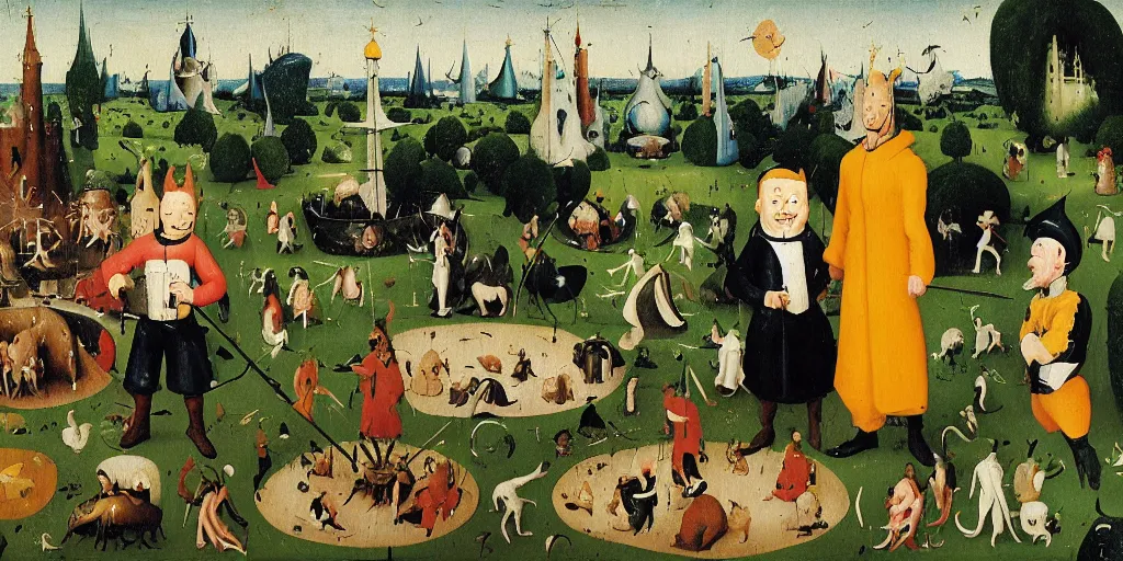 Prompt: Tintin and Snowy in the Garden of Earthly Delights. Oil painting the style of Hieronymus Bosch, highly detailed, Professor Calculus