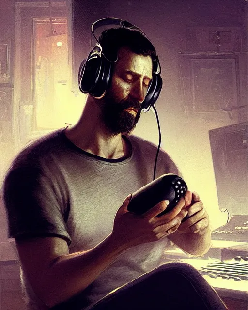 Prompt: man with headphones at his home studio producing music late at night, very detailed, 4 k, concept art like ernest khalimov, intricate details, highly detailed by greg rutkowski, ilya kuvshinov, gaston bussiere, craig mullins, simon bisley