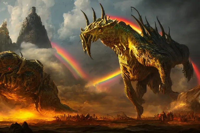 Image similar to ultra realist soft painting of an epicarmy facing an innomable gigantic creature, very intricate details, golden ratio, volumetric rainbow lighting, reflections, refractions, symmetry accurate anatomy features, fantasy war scene background, unreal render