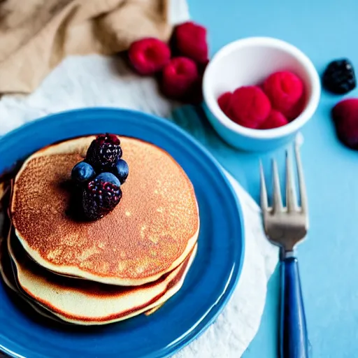 Image similar to a stack of pancakes, berries, blue painted wall, a portrait of a young lady, a bowl of sugar