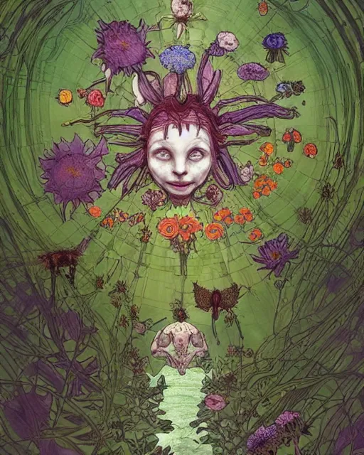 Image similar to the platonic ideal of flowers, sprouting, insects and praying of cletus kasady carnage davinci dementor chtulu mandala ponyo alice in wonderland dinotopia watership down, d & d, fantasy, ego death, lush, dmt, psilocybin, concept art by greg rutkowski and simon stalenhag and alphonse mucha