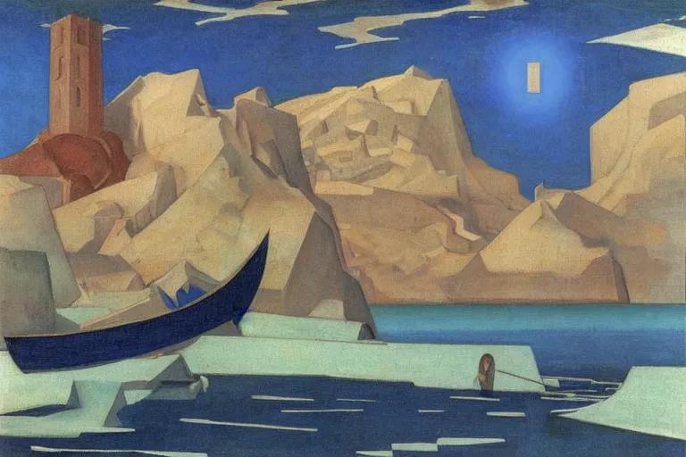 Image similar to the wake of the unseen object,by Nicholas Roerich and William Dyce and Diego Rivera, symbolist, dramatic lighting, elaborate geometric ornament, cool blue and green colors, Art Brut, smooth, sharp focus, extremely detailed