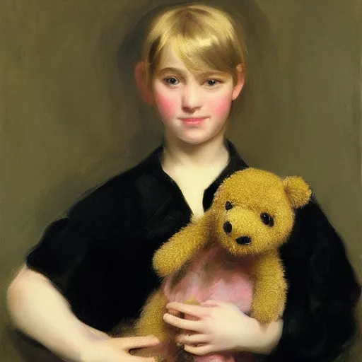 Image similar to “ blonde haired girl holding a stuffed animal, very detailed, oil painting, portrait, dark background, by john singer sargent ”