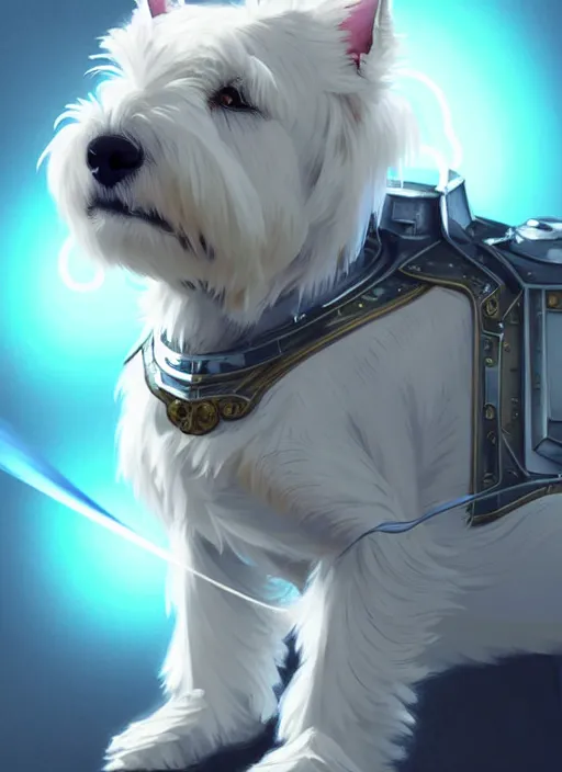 Image similar to a west highland white terrier, anime art style, wearing futuristic, led - lit armor, and a cannon mounted on his back, portrait, high detail, sharp focus, digital painting, artstation, concept art, art by hayao miyazaki and artgerm and greg rutkowski and alphonse mucha.